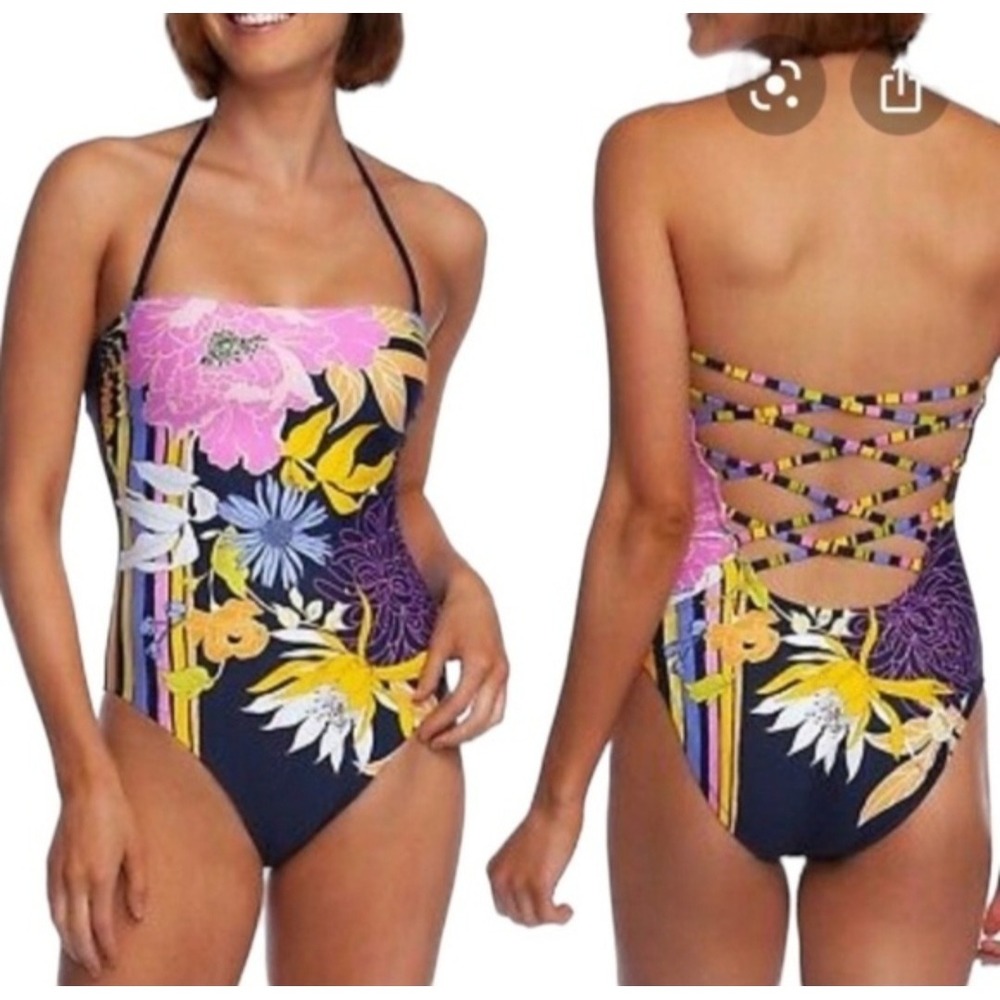 Trina Turk Bal Harbor Bandeau One Piece Swimsuit Floral Navy Strappy Back Size 6